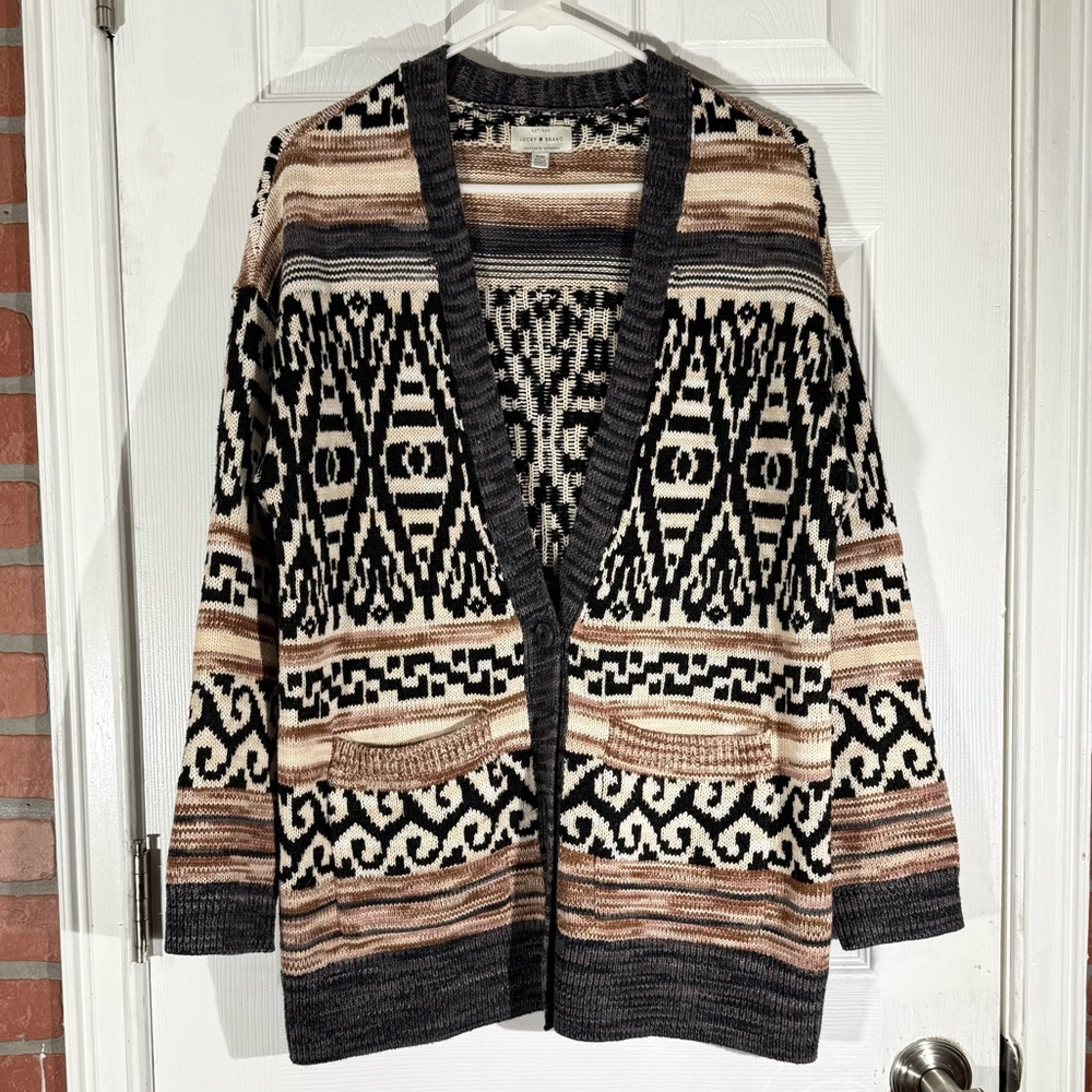 Lucky Brand jacquard boyfriend button-up cardigan sweater Women’s size M